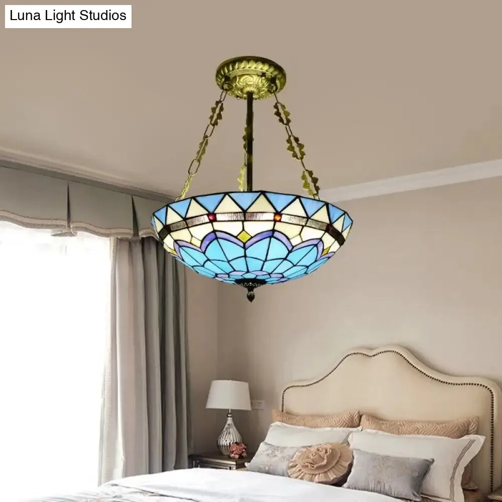 Scalloped Edge Baroque Style Glass Bowl Chandelier Light in Blue/Sky Blue, 12"/16"/19.5"/23.5" W, Brass Hanging Light