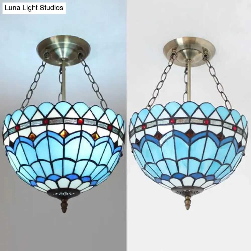 Scalloped Edge Baroque Style Glass Bowl Chandelier Light in Blue/Sky Blue, 12"/16"/19.5"/23.5" W, Brass Hanging Light