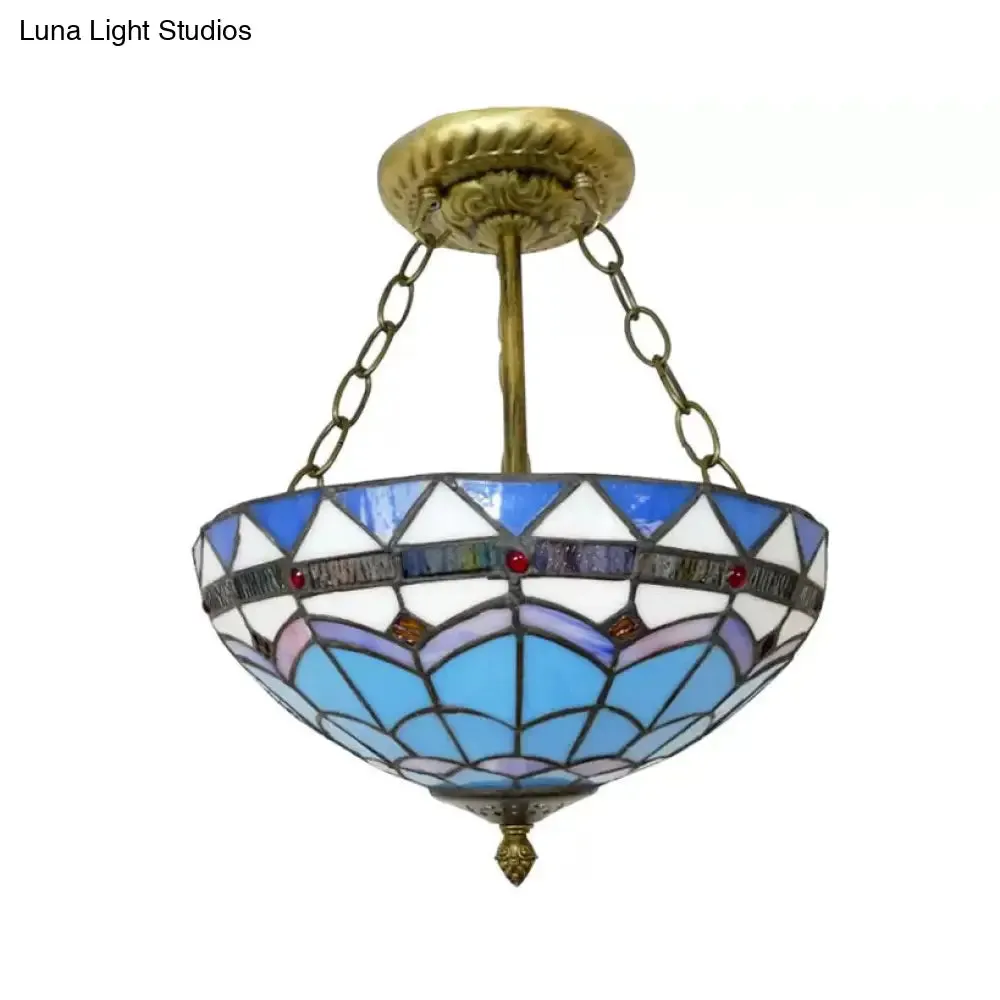 Scalloped Edge Baroque Style Glass Bowl Chandelier Light in Blue/Sky Blue, 12"/16"/19.5"/23.5" W, Brass Hanging Light