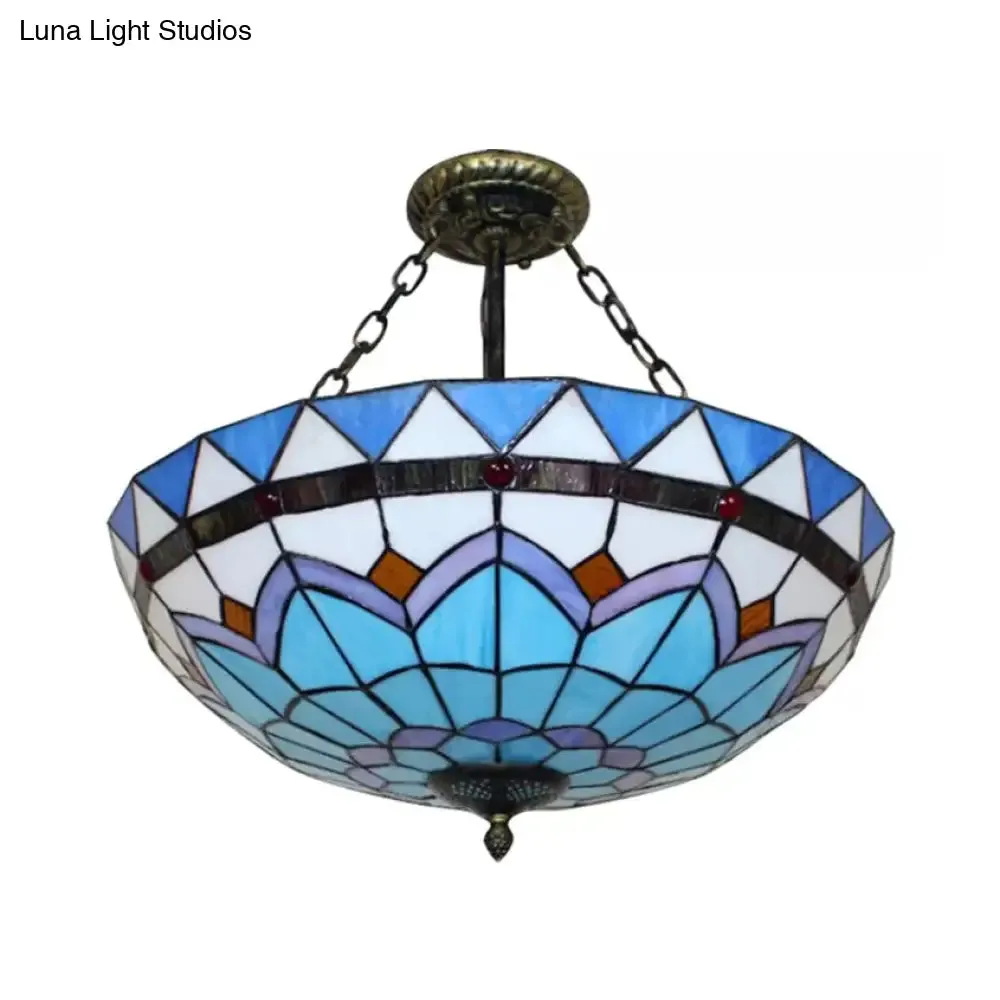 Scalloped Edge Baroque Style Glass Bowl Chandelier Light in Blue/Sky Blue, 12"/16"/19.5"/23.5" W, Brass Hanging Light