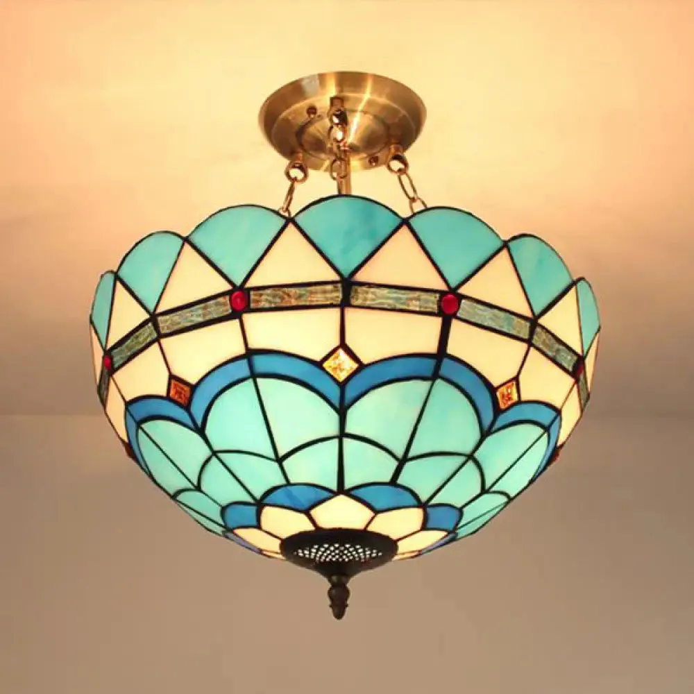 Scalloped Edge Baroque Style Glass Bowl Chandelier Light in Blue/Sky Blue, 12"/16"/19.5"/23.5" W, Brass Hanging Light