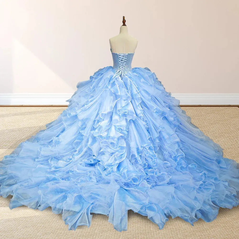 Sky Blue Quinceanera Dress with Pleats and Flowers