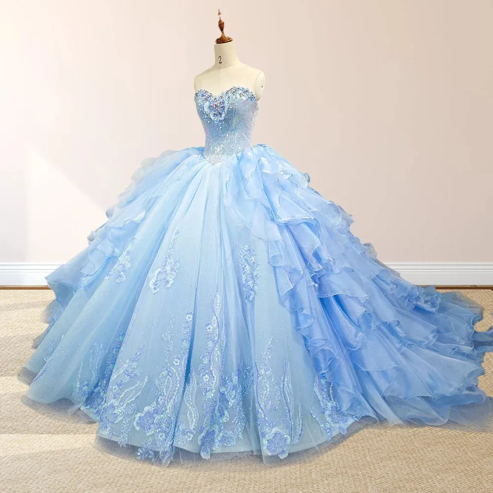 Sky Blue Quinceanera Dress with Pleats and Flowers