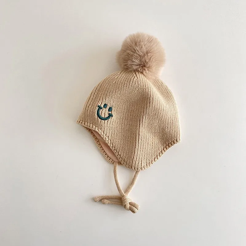 Smiley Face Pompom Baby Hat