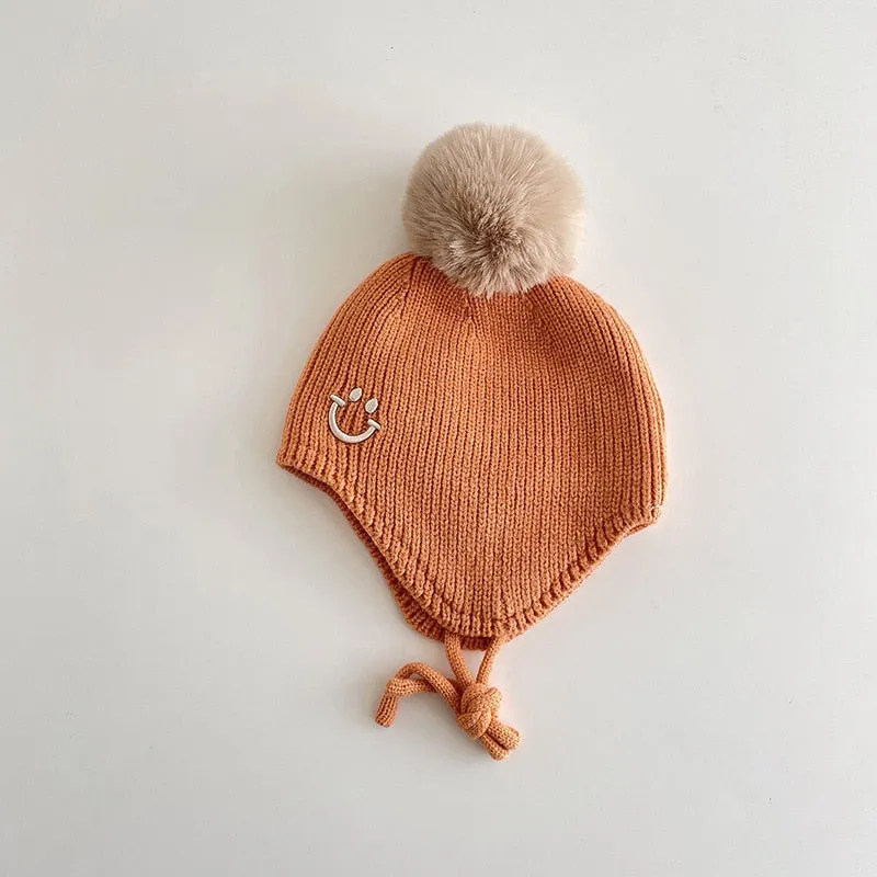 Smiley Face Pompom Baby Hat