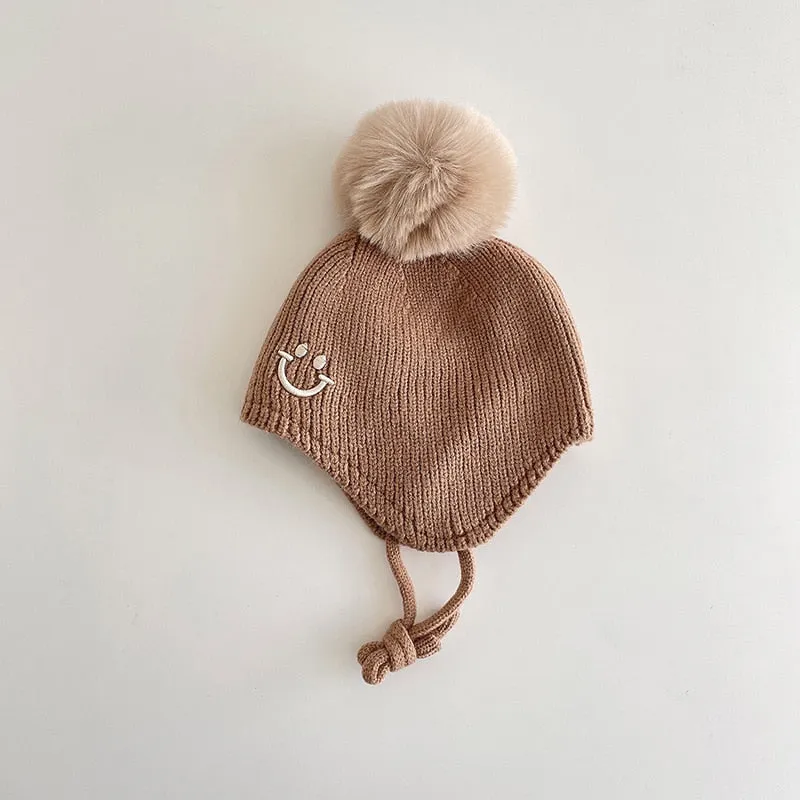 Smiley Face Pompom Baby Hat