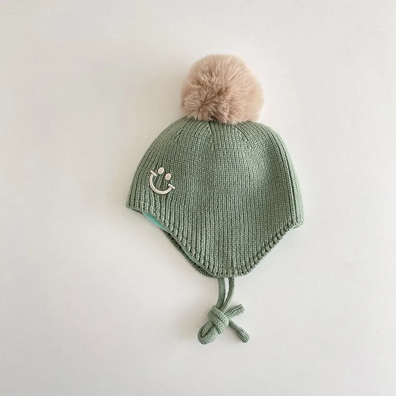 Smiley Face Pompom Baby Hat