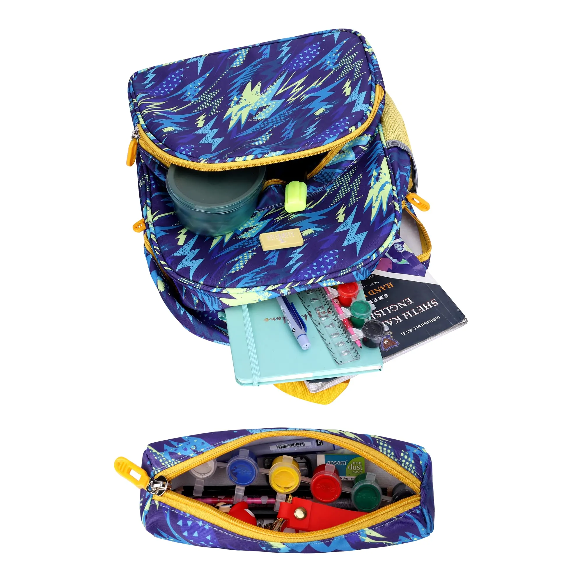 THE CLOWNFISH Cosmic Critters Series Printed Polyester 15 Litres Kids Backpack School Bag with Free Pencil Staionery Pouch Daypack Picnic Bag for Tiny Tots Of Age 5-7 Years (Blue - Helicopter)