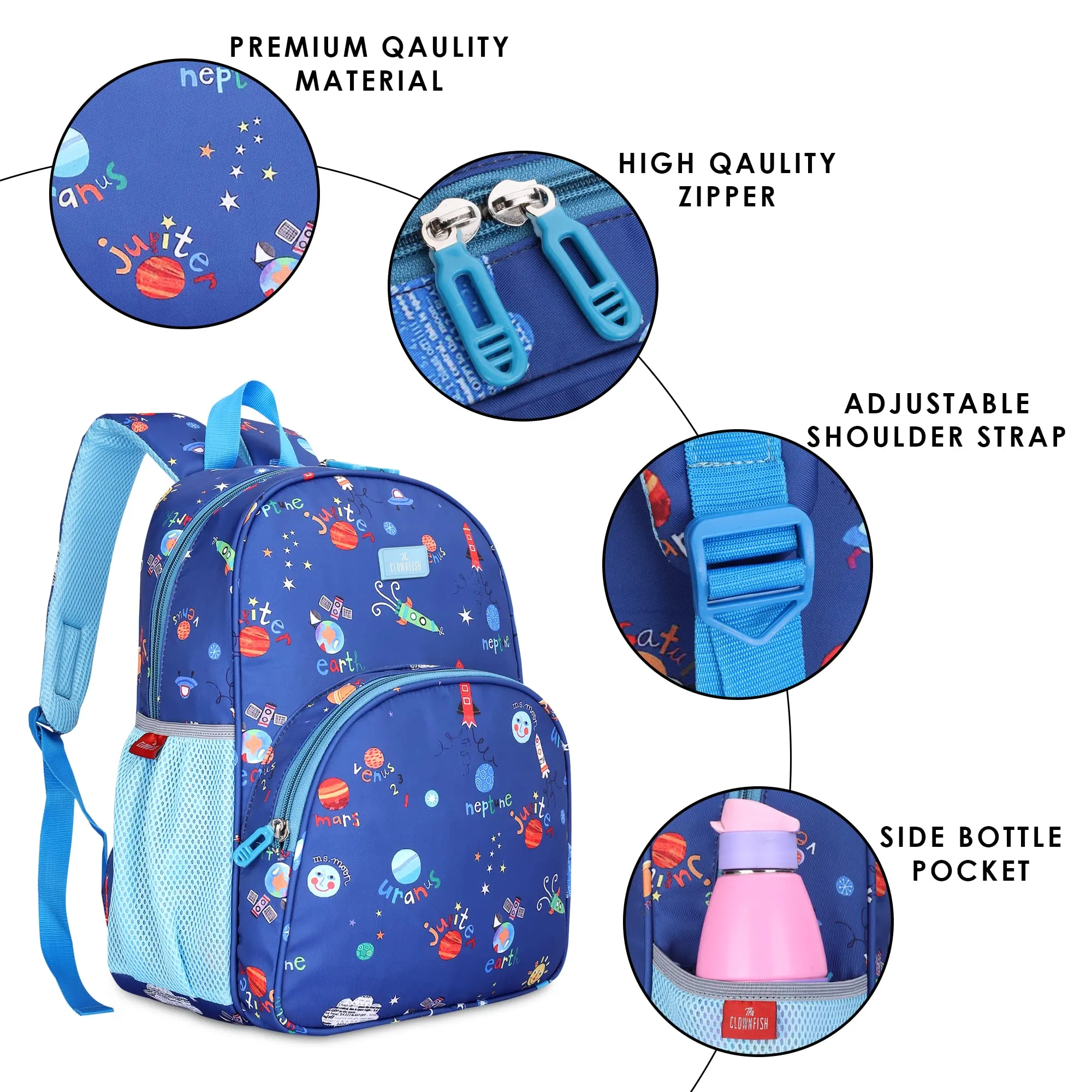 THE CLOWNFISH Cosmic Critters Series Printed Polyester 15 Litres Kids Backpack School Bag with Free Pencil Staionery Pouch Daypack Picnic Bag for Tiny Tots Of Age-5-7 years (Dodger Blue) (Medium Size)