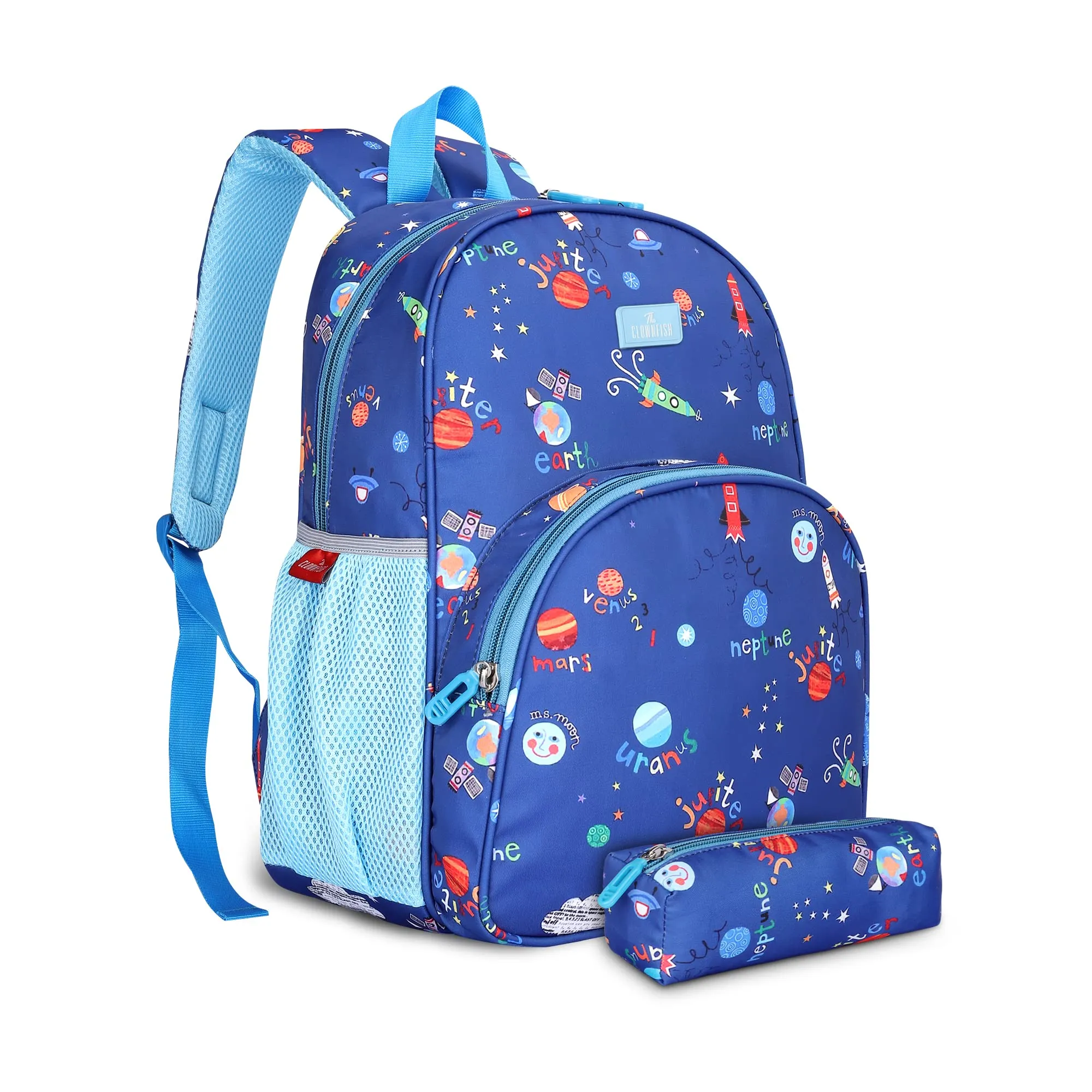 THE CLOWNFISH Cosmic Critters Series Printed Polyester 15 Litres Kids Backpack School Bag with Free Pencil Staionery Pouch Daypack Picnic Bag for Tiny Tots Of Age-5-7 years (Dodger Blue) (Medium Size)