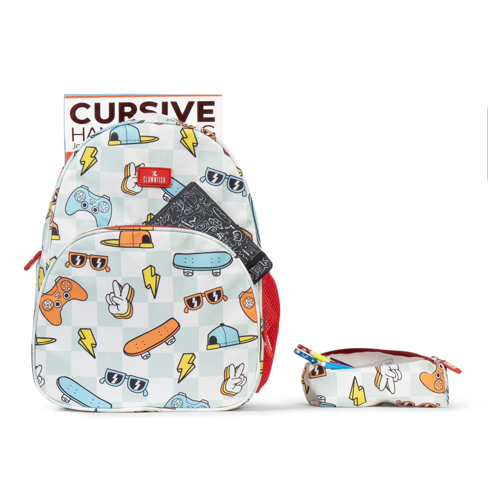 THE CLOWNFISH Cosmic Critters Series Printed Polyester 15 Litres Kids Backpack School Bag with Free Pencil Staionery Pouch Daypack Picnic Bag for Tiny Tots Of Age 5-7 Years (Grey - Cheque)