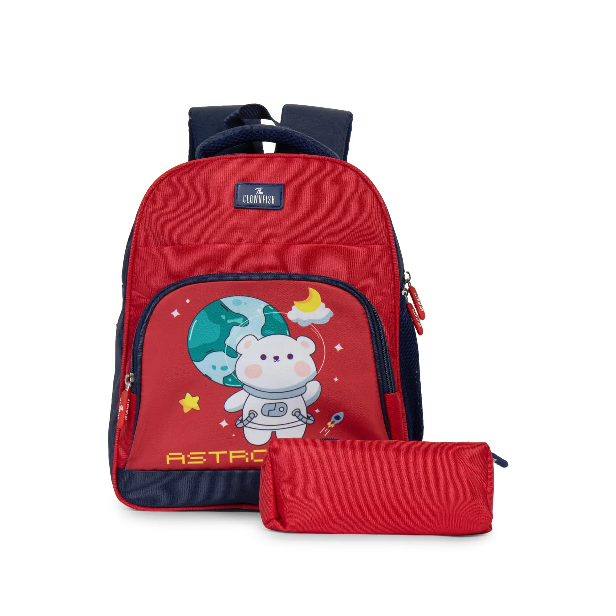 THE CLOWNFISH Mini Explorer Series Printed Polyester 12 Litres Kids Backpack School Bag with Pencil Staionery Pouch Daypack Picnic Bag for Tiny Tots. Age 3-5 Years (Red - Astronaut)