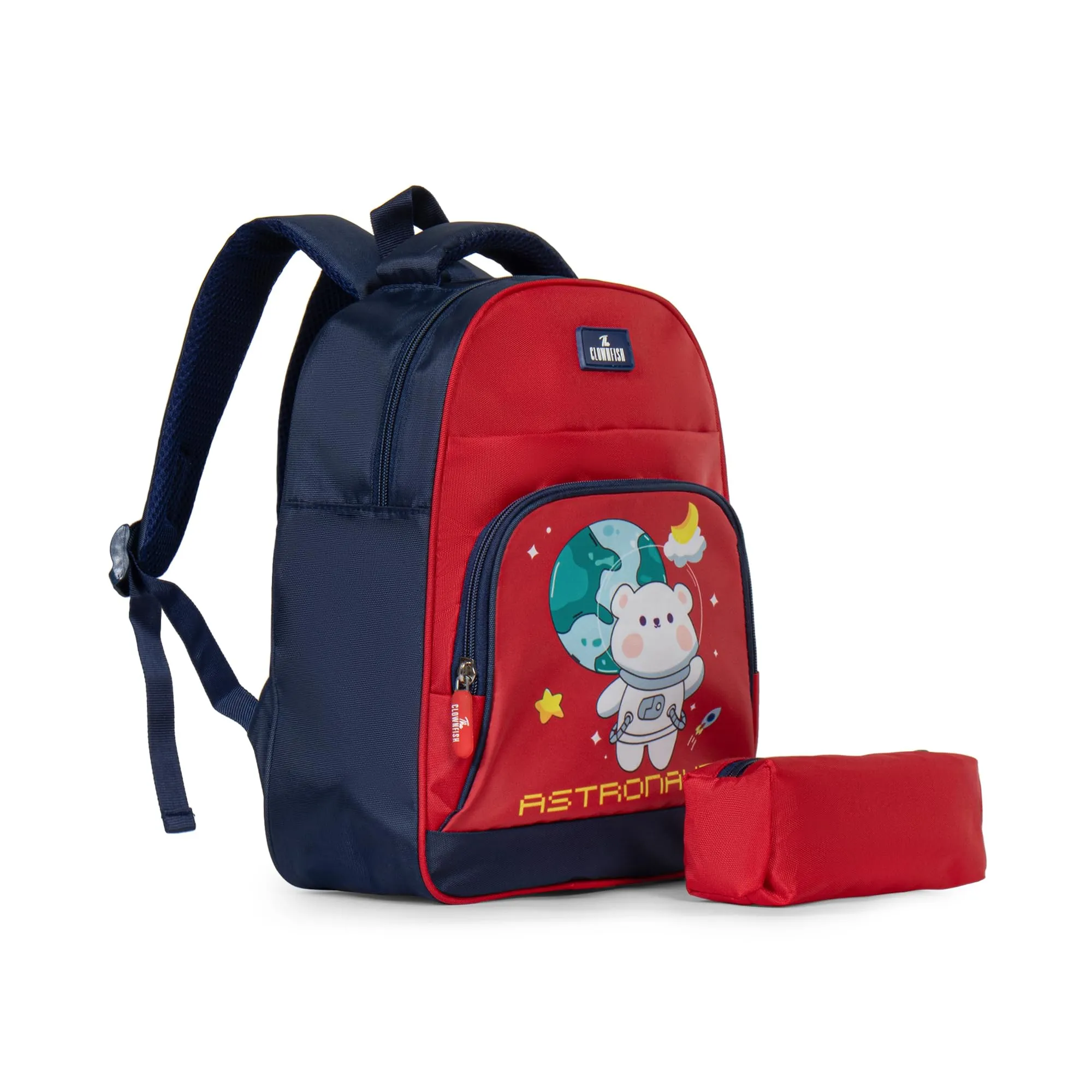 THE CLOWNFISH Mini Explorer Series Printed Polyester 12 Litres Kids Backpack School Bag with Pencil Staionery Pouch Daypack Picnic Bag for Tiny Tots. Age 3-5 Years (Red - Astronaut)