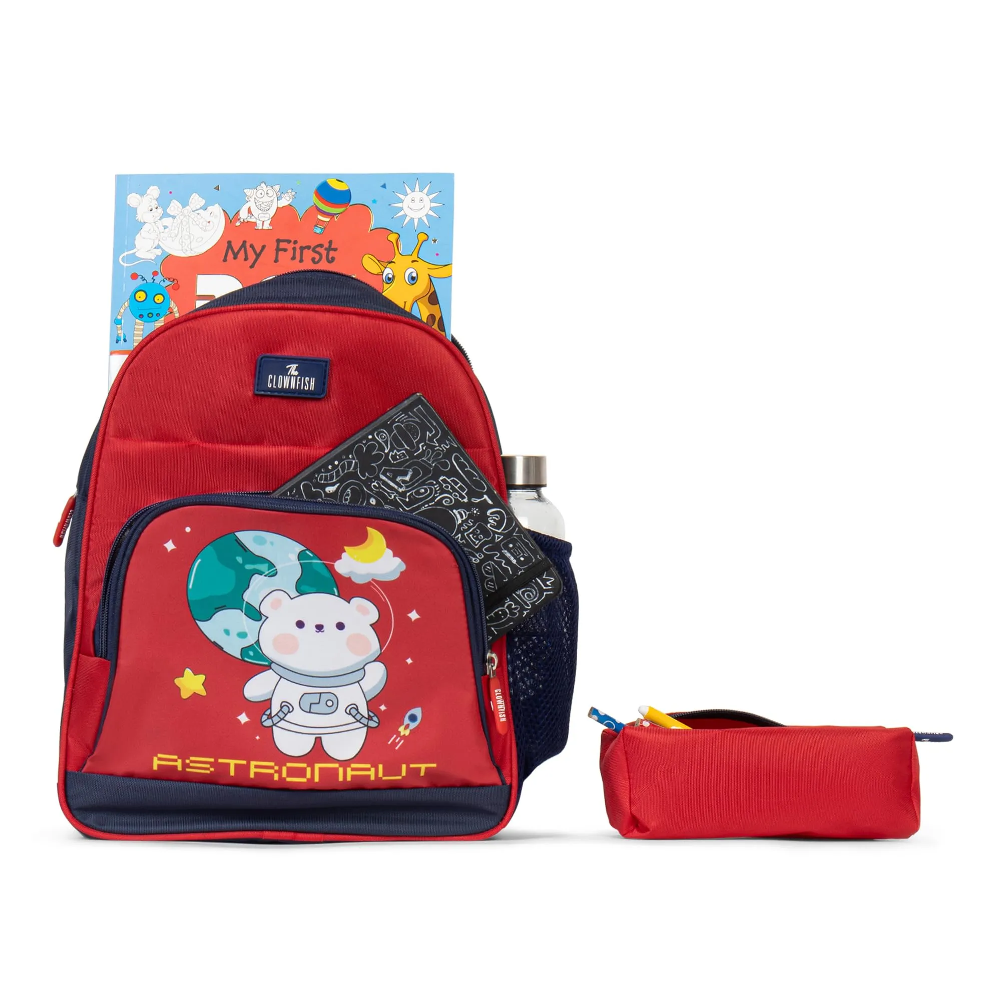 THE CLOWNFISH Mini Explorer Series Printed Polyester 12 Litres Kids Backpack School Bag with Pencil Staionery Pouch Daypack Picnic Bag for Tiny Tots. Age 3-5 Years (Red - Astronaut)