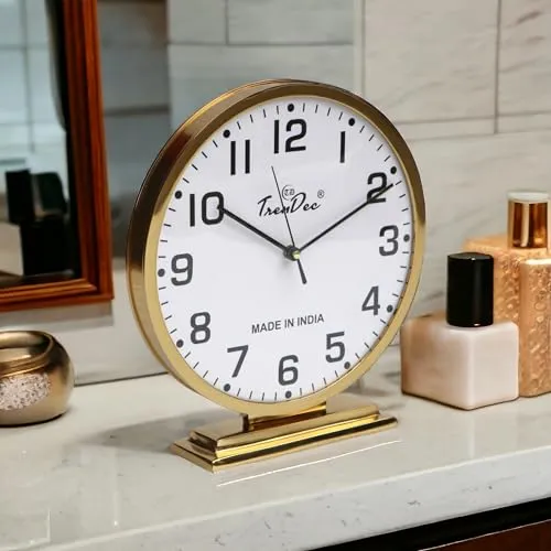 TrenDec Table Clock | Desk Clock | Study Table Clock | Aesthetic Table Clock | Home Decor Office Desk Living Room Centre Table Bedroom Study Room | Metal Round Gold Finish Table Clock