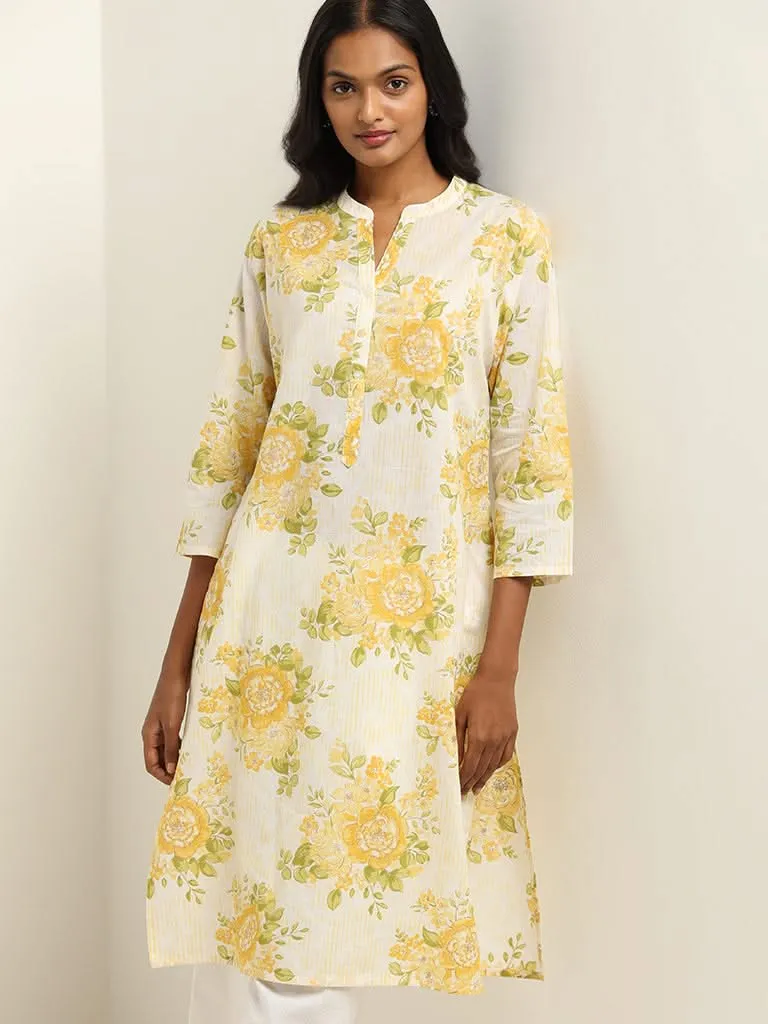 Utsa Yellow Bold Floral Printed Cotton Kurta