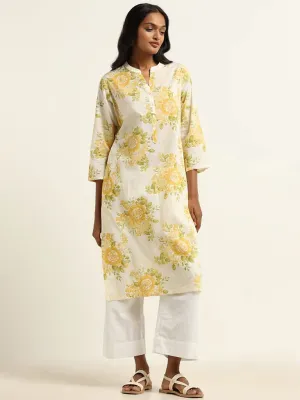 Utsa Yellow Bold Floral Printed Cotton Kurta