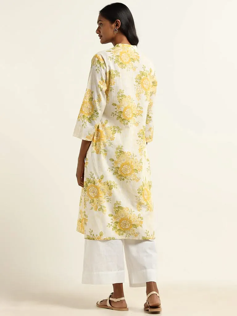 Utsa Yellow Bold Floral Printed Cotton Kurta