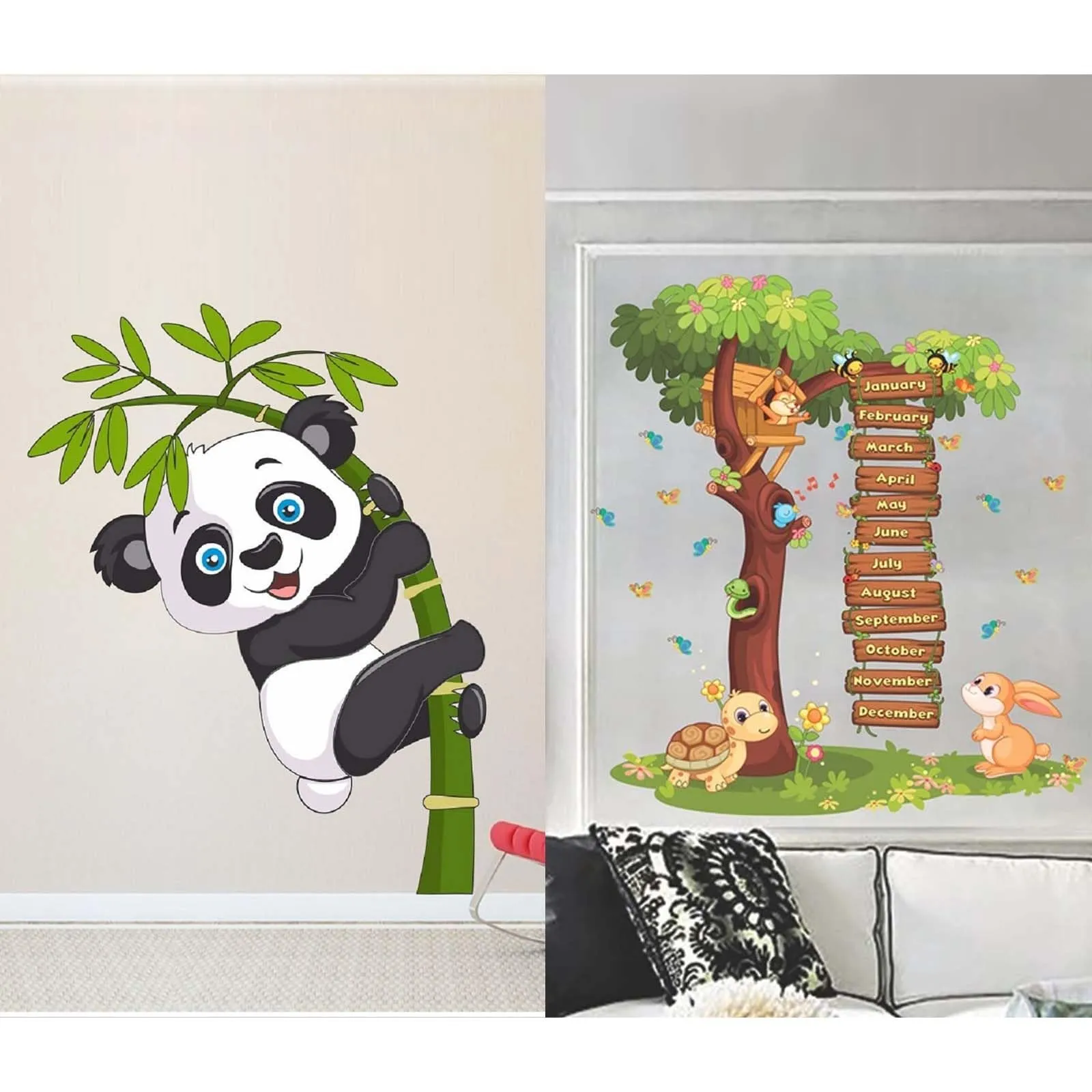 WALLBOOK Set of 2 Wall Stickers Baby Panda | Calendar Tree for Home, Hall, Bedroom, Livingroom & Kitchen