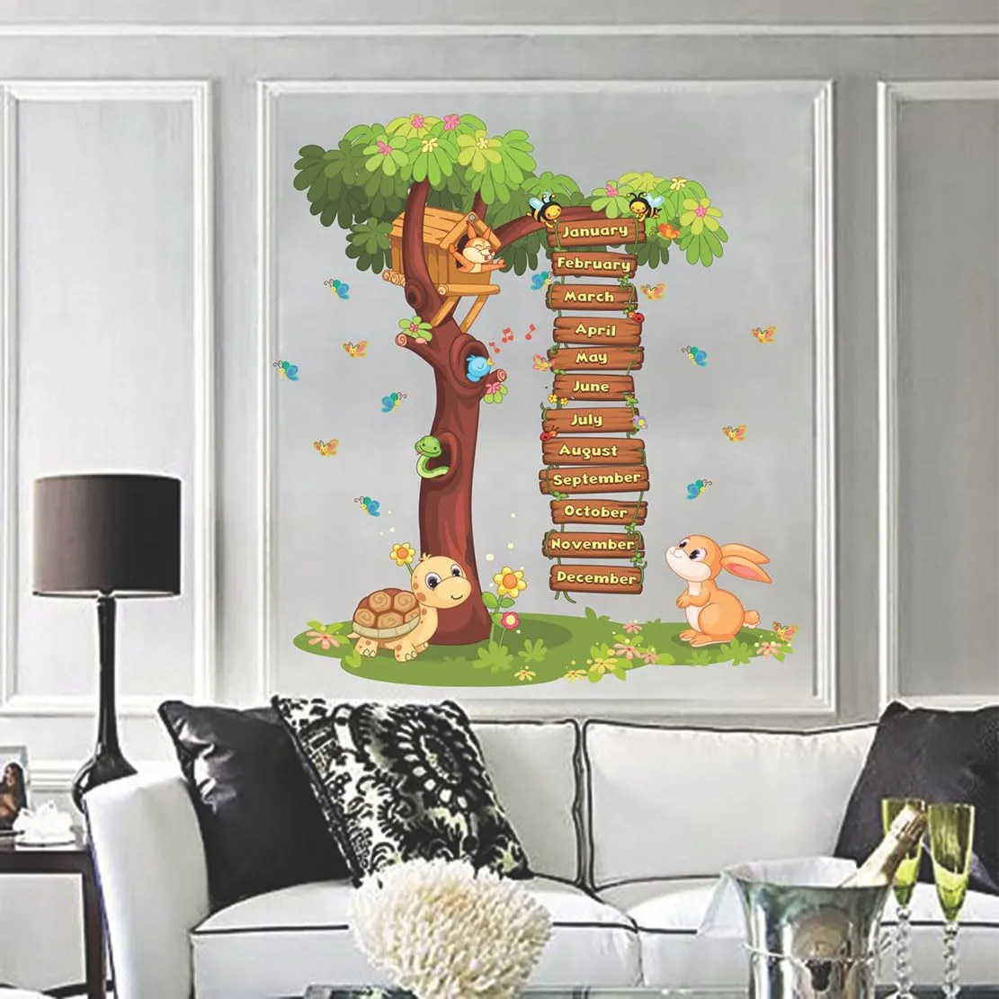 WALLBOOK Set of 2 Wall Stickers Baby Panda | Calendar Tree for Home, Hall, Bedroom, Livingroom & Kitchen