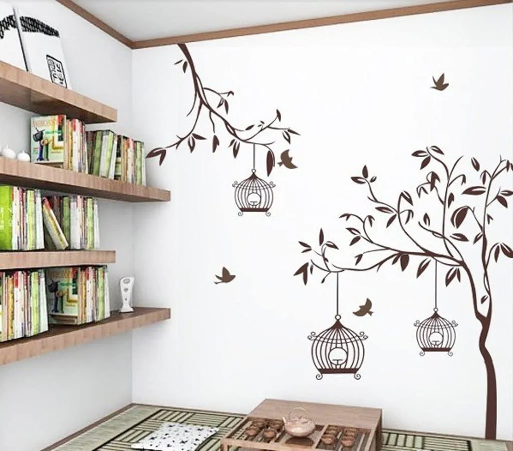 Walltech Set of 2 Wall Sticker Flying Bird with Cage and Free Bird Cage Brown Wall Sticker