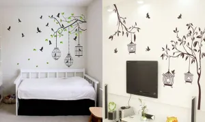 Walltech Set of 2 Wall Sticker Flying Bird with Cage and Free Bird Cage Brown Wall Sticker