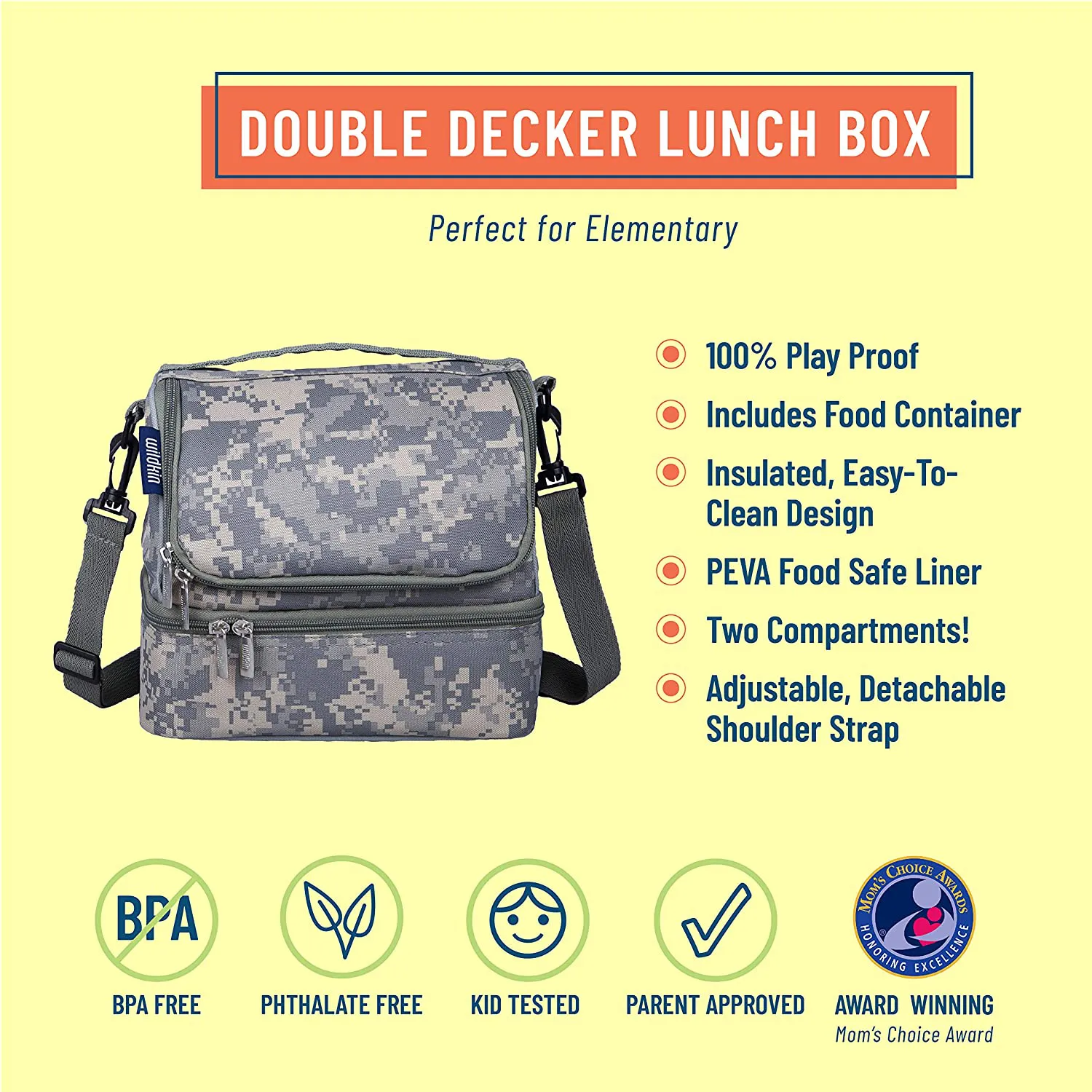 Wildkin Two Compartment Insulated Lunch Bag for Boys & Girls, Measures 9 x 8 x 6 Inches Lunch Box Bag for Kids, Ideal Size for Packing Hot or Cold Snacks for School & Travel, BPA-Free (Digital Camo)