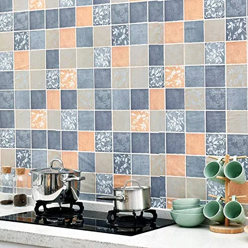 wolpin Wall Stickers Wallpaper Bathroom Waterproof Kitchen Tiles Pattern, DIY Stove Backsplash, Countertop Self Adhesive Decal, Blue & Orange