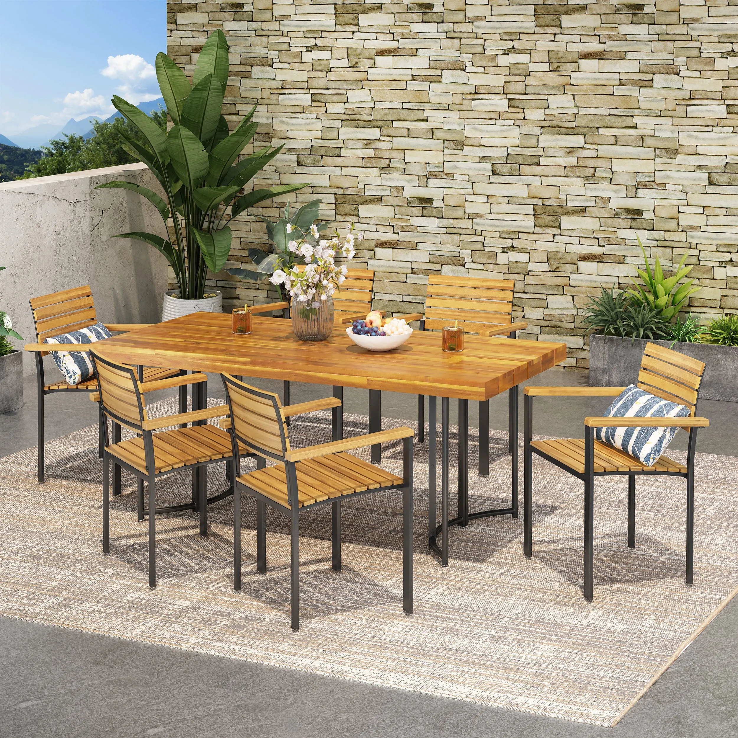 Zhyair Outdoor Modern Industrial 7 Piece Acacia Wood Dining Set